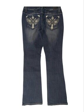 Love Nation Dark Wash Embellished Cross Pocket Bootcut Jeans Size 8 Y2K McBling